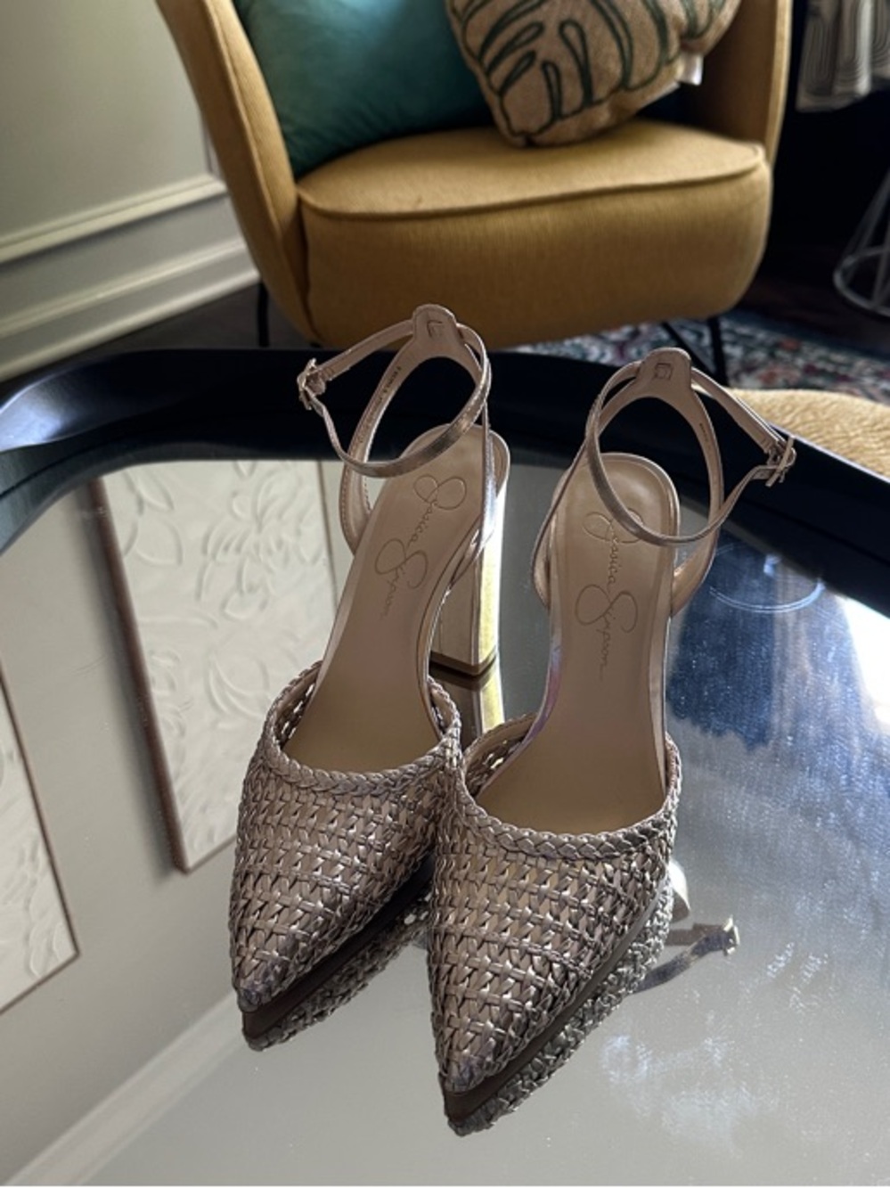 Jessica Simpson Metallic Woven Pointed-Toe Ankle-Strap Heels - Taupe